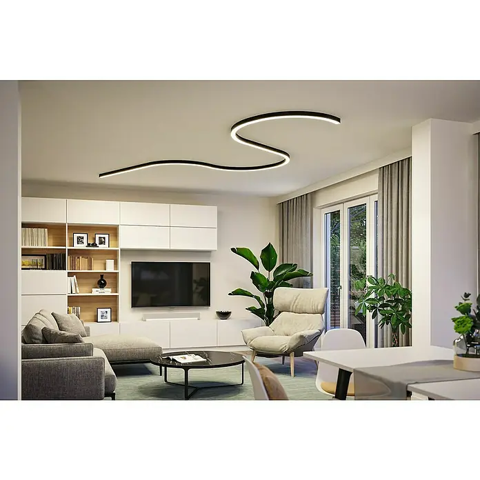 Paulmann Linion Lichtkanal Kurve - Warmweiß, Signalschwarz, L x B x H: 53,5 x 4 x 4 cm - Wohnzimmer mit geschwungenem, schwarzem LED-Deckenlicht, das modernes Design und warmes Licht kombiniert und so eine einladende Atmosphäre schafft.