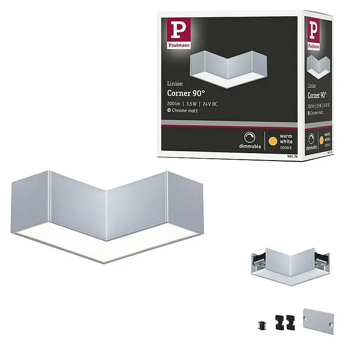 Paulmann Linion Lichtkanal Ecke - Warmweiß, Chrom matt, L x B x H: 10 x 10 x 4 cm - Produktbild der Paulmann Linion Corner 90° Eckleuchte in Chrom matt, dimmbar und mit warmweißem Licht (3000K).