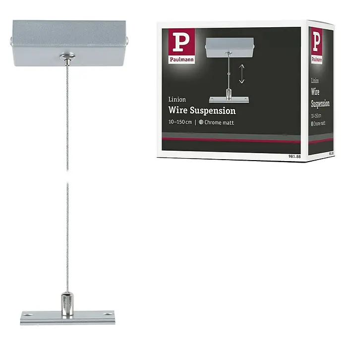 Paulmann Linion Abhängung Seil - L x B x H: 150 x 150 x 4 cm, Chrom matt - Produktbild der Paulmann Linion Drahtseilaufhängung, chrom matt, mit Verpackung und montierter Ausführung zur Deckenbefestigung.