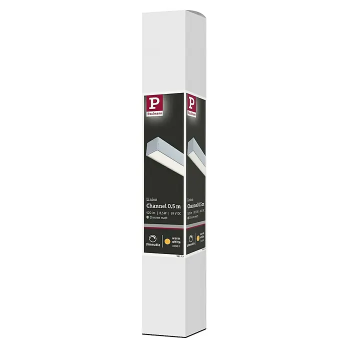 Paulmann Linion Lichtkanal - Warmweiß, Chrom matt, L x B x H: 50 x 4 x 4 cm - Produktverpackung der Paulmann Linion Channel 0,5 m Leuchte, chrom matt, dimmbar und warmweiß (3000K).