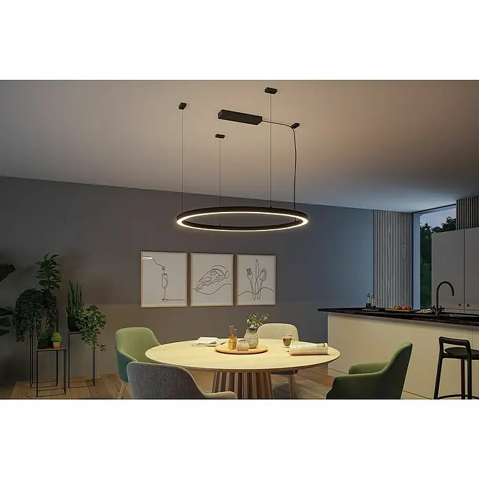 Paulmann Linion Stromeinspeisung Power Box - L x B x H: 10 x 36,5 x 4 cm, Signalschwarz, Nicht Dimmbar, 120 W - Das Bild zeigt eine moderne, ringförmige LED-Pendelleuchte über einem Esstisch in einem stilvollen Esszimmer.