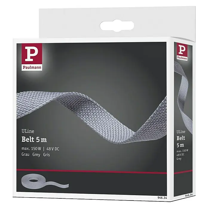 Paulmann ULine Gurtsystem - Länge: 5 m, Grau - Produktverpackung für ein Paulmann ULine 5 m langes graues Beleuchtungsband, maximal 150 W, 48 V DC.