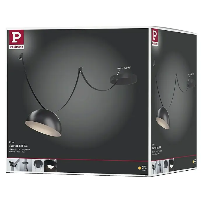 Paulmann ULine LED-Pendelleuchte rund Bol Set - 14 W, Ø x L: 25 x 500 cm, Schwarz, Warmweiß - Produktverpackung der Paulmann ULine Starter Set Bol Hängeleuchte in Schwarz, die ein modernes und stilvolles Beleuchtungselement zeigt.