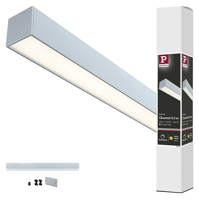 Paulmann Linion Lichtkanal - Warmweiß, Chrom matt, L x B x H: 50 x 4 x 4 cm - Produktbild von Paulmann Linion Channel 0,5 m LED-Leuchte. Das Licht ist warmweiß und dimmbar, ideal für stimmungsvolle Beleuchtung.