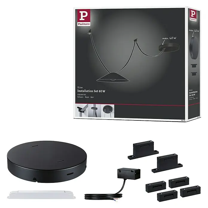 Paulmann ULine Installations-Set - 60 VA, Schwarz - Produktabbildung des Paulmann ULine Installationssets 60W in Schwarz, bestehend aus Leuchte, Montagematerial und Transformator.