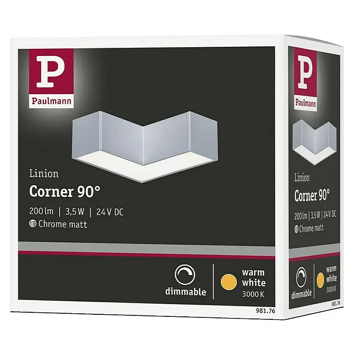 Paulmann Linion Lichtkanal Ecke - Warmweiß, Chrom matt, L x B x H: 10 x 10 x 4 cm - Produktverpackung für Paulmann Linion Corner 90° Eckleuchte, chrom matt, dimmbar, warmweiß (3000 K).