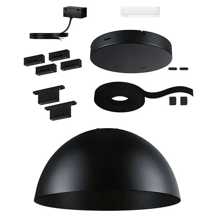 Paulmann ULine LED-Pendelleuchte rund Bol Set - 14 W, Ø x L: 25 x 500 cm, Schwarz, Warmweiß - Produktdarstellung mit dem schwarzen Lampenschirm und Zubehör. Das Bild zeigt die Lampe und die dazugehörigen Montageteile.