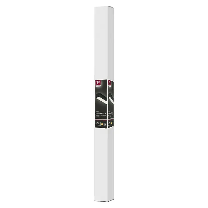 Paulmann Linion Lichtkanal - Warmweiß, Signalschwarz, L x B x H: 150 x 4 x 4 cm - Produktverpackung des Paulmann Linito Channel 1,5 m. Die LED-Leuchte ist dimmbar und hat eine warmweiße Lichtfarbe.
