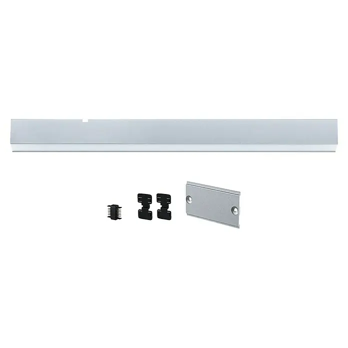 Paulmann Linion Lichtkanal - Warmweiß, Chrom matt, L x B x H: 50 x 4 x 4 cm - Die Abbildung zeigt eine Aluminiumprofilleiste mit Zubehör, ideal für moderne Beleuchtungssysteme im Innenausbau. Präzise und stilvoll.