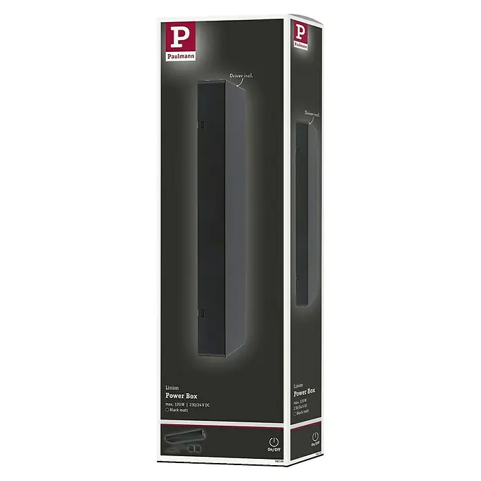 Paulmann Linion Stromeinspeisung Power Box - L x B x H: 10 x 36,5 x 4 cm, Signalschwarz, Nicht Dimmbar, 120 W - Produktverpackung der Paulmann Linion Power Box in Mattschwarz, max. 120W, 230/24V DC, mit "Driver incl." Aufschrift.