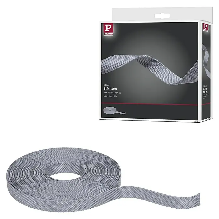 Paulmann ULine Gurtsystem - Länge: 10 m, Grau - Nahaufnahme eines ULine Belt 10m, ein flexibles und sicheres Beleuchtungssystem, präsentiert in seiner Verpackung und als aufgerollter Gurt.
