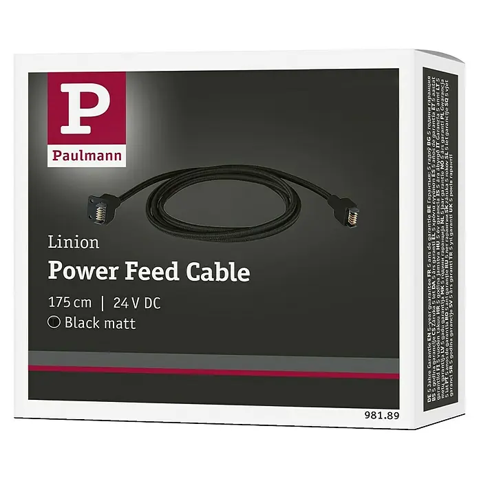 Paulmann Linion Einspeisekabel - 175 cm, Schwarz - Produktverpackung eines schwarzen Paulmann Linion Stromzuführungskabels mit einer Länge von 175 cm und 24 V DC.