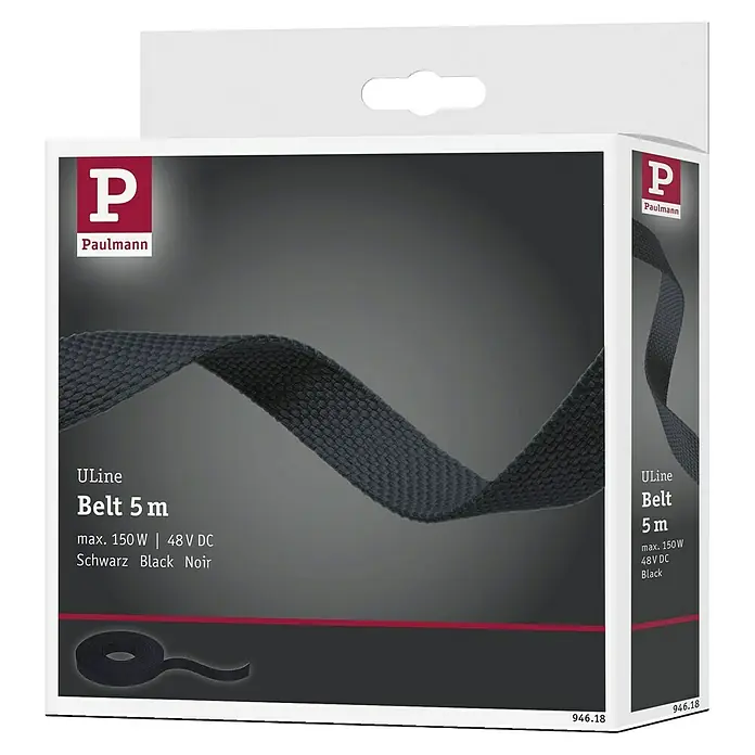 Paulmann ULine Gurtsystem - Länge: 5 m, Schwarz - Produktverpackung: ULine Belt 5 m, max. 150W, 48V DC, in Schwarz. Paulmann Markenprodukt für Beleuchtungslösungen.