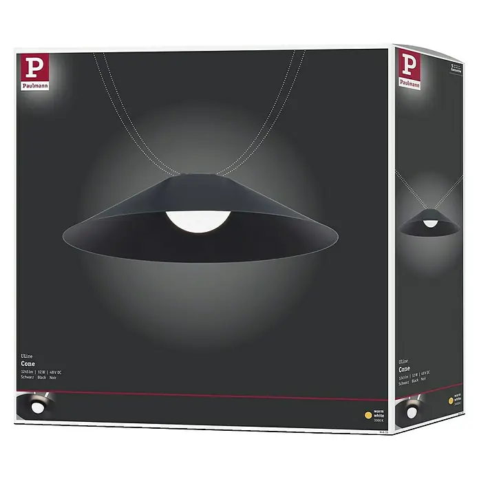Paulmann ULine LED-Pendelleuchte rund Cone - 12 W, Ø x H: 35 x 9 cm, Warmweiß, Schwarz - Verpackung der Paulmann ULine Cone Pendelleuchte. Elegantes, schwarzes Design mit warmweißem Licht für ein modernes Ambiente.