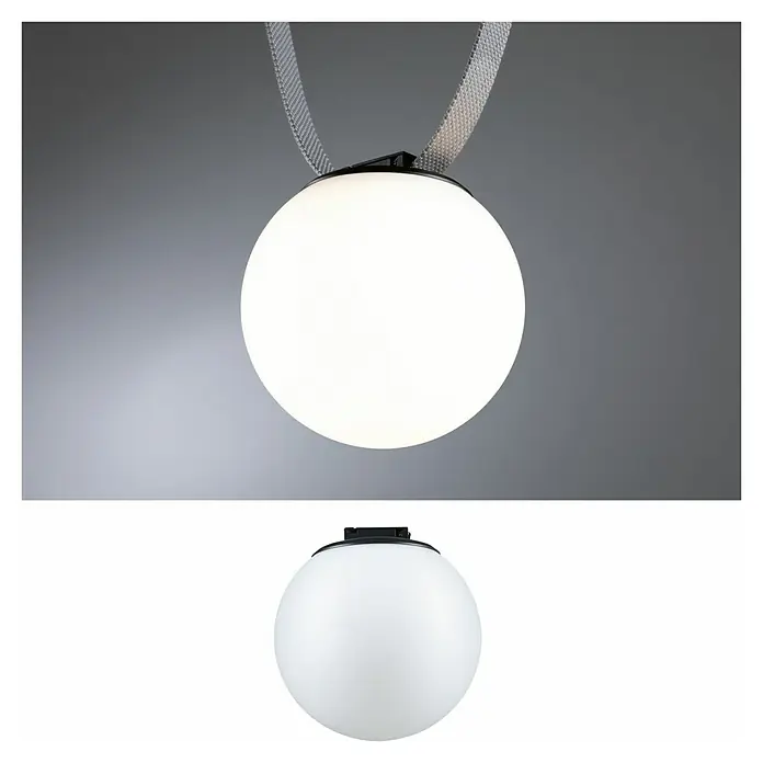 Paulmann ULine LED-Kugel Ball - 8 W, Ø x H: 15 x 15,2 cm, Schwarz, Warmweiß - Nahaufnahme einer LED-Hängeleuchte in Kugelform mit hellem Licht und einem Bandaufhänger, vor einem neutralen Hintergrund.