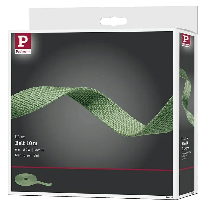Paulmann ULine Gurtsystem - Länge: 10 m, Grün - Produktverpackung für Paulmann ULine Belt 10m, ein grünes Textilkabel mit max. 150W Leistung bei 48V DC, ideal für flexible Lichtinstallationen.