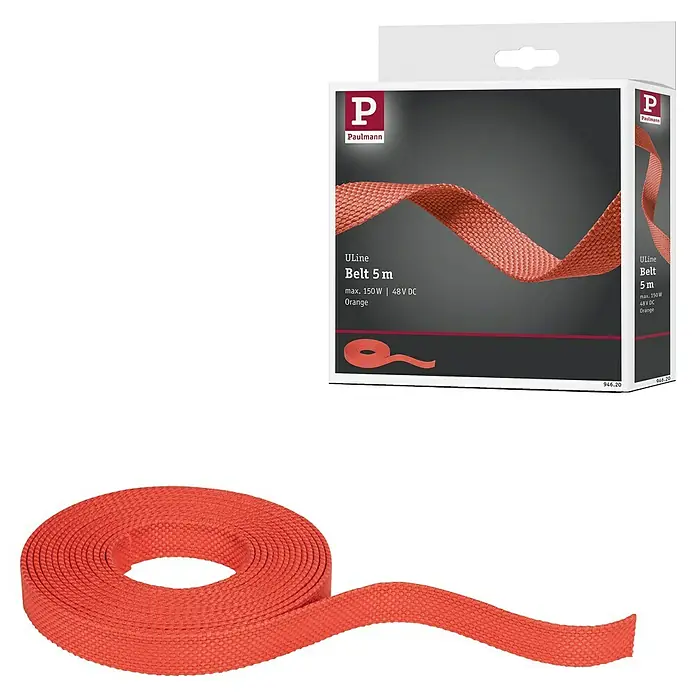 Paulmann ULine Gurtsystem - Länge: 5 m, Orange - Das Bild zeigt eine orangefarbene ULine Belt 5m Lichtleiste mit dazugehöriger Verpackung von Paulmann.