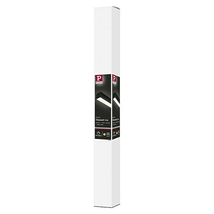 Paulmann Linion Lichtkanal - Warmweiß, Signalschwarz, L x B x H: 100 x 4 x 4 cm - Eine lange, weiße Produktverpackung mit dem Paulmann Linien Channel 1 m Licht, das für eine moderne Beleuchtung sorgt.