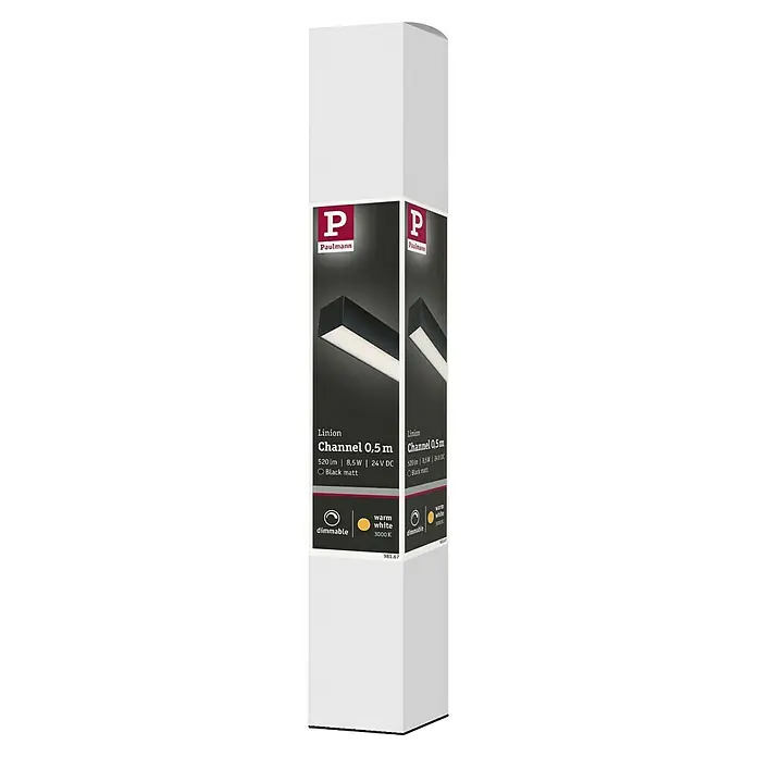 Paulmann Linion Lichtkanal - Warmweiß, Signalschwarz, L x B x H: 50 x 4 x 4 cm - Verpackung der Paulmann Linion Channel 0,5 m LED-Leuchte in Mattschwarz, 520 lm, 8,5 W, 24 V DC, dimmbar, warmweiß (3000 K).