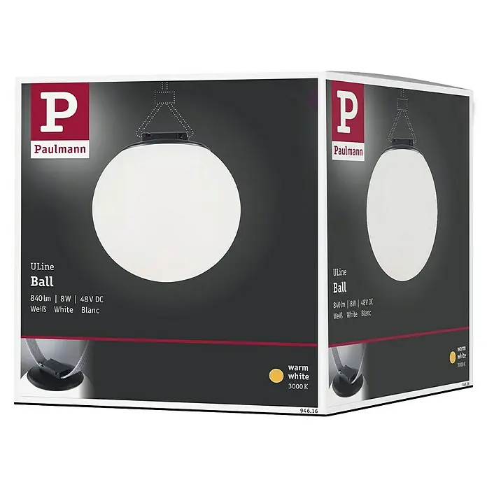 Paulmann ULine LED-Kugel Ball - 8 W, Ø x H: 15 x 15,2 cm, Schwarz, Warmweiß - Produktverpackung einer Paulmann ULine Ball Leuchte mit 840lm, 8W und 48V DC, Farbtemperatur warmweiß 3000K.