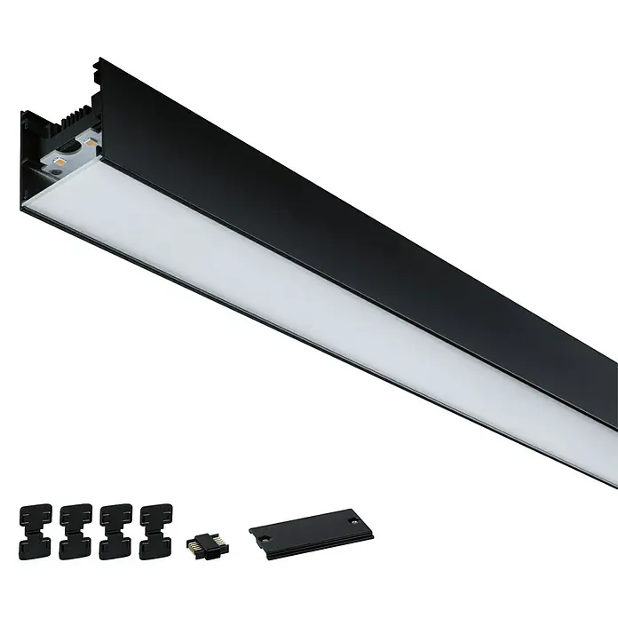 Paulmann Linion Stromeinspeisung Power Channel - 100 x 4 x 4 cm, Signalschwarz, Nicht Dimmbar - Das Bild zeigt eine LED-Lichtleiste in Schwarz mit Zubehör. Eine moderne Beleuchtungslösung für stilvolle Innenräume.