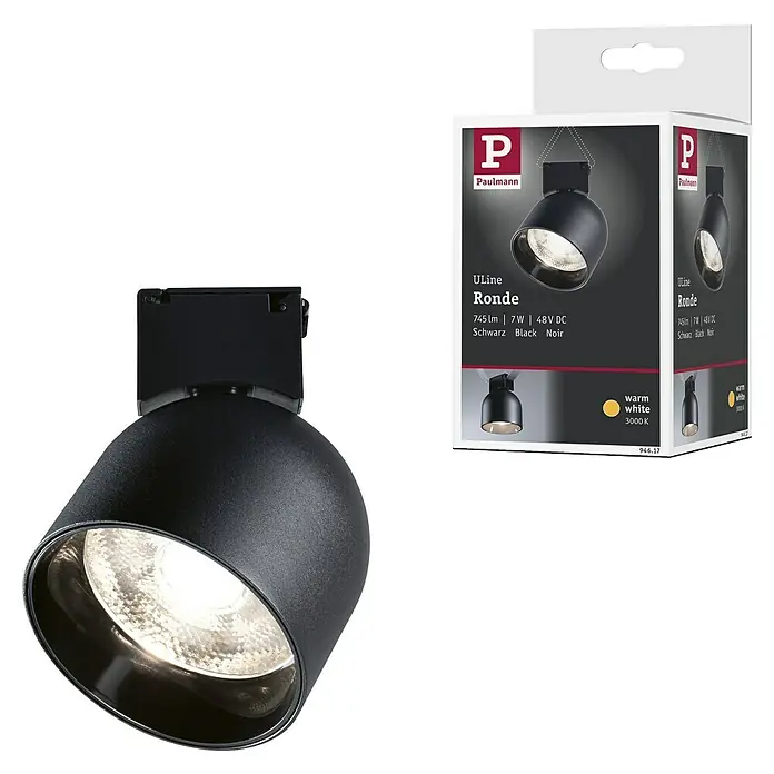 Paulmann ULine LED-Spotstrahler Ronde - 7 W, Ø x H: 8,5 x 11 cm, Schwarz, Warmweiß - Produktbild: Paulmann ULine Ronde in Schwarz, eine stilvolle und moderne Beleuchtungslösung, inklusive Verpackung mit Produktinformationen.
