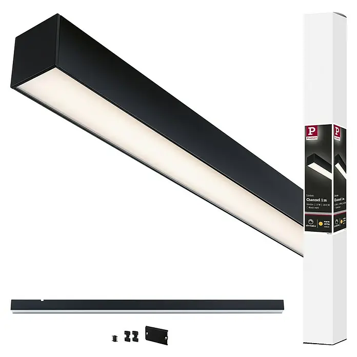 Paulmann Linion Lichtkanal - Warmweiß, Signalschwarz, L x B x H: 100 x 4 x 4 cm - Das Bild zeigt eine Paulmann Linion Channel 1m Leuchte in Schwarz matt, sowohl in der Verpackung als auch in voller Länge.