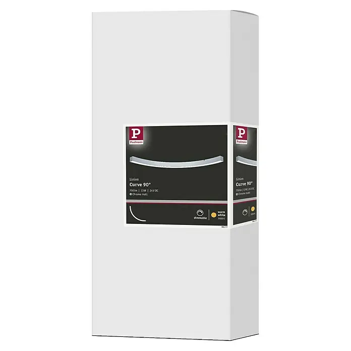 Paulmann Linion Lichtkanal Kurve - Warmweiß, Chrom matt, L x B x H: 53,5 x 4 x 4 cm - Verpackung der Paulmann Linion Curve 90° Lampe mit Produktdetails wie Lichtstärke, Leistung und Farbtemperatur.