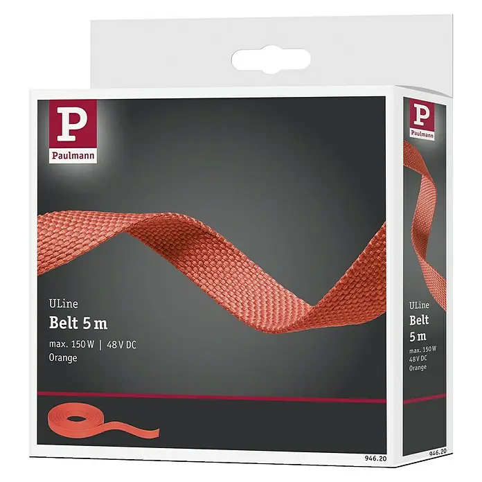 Paulmann ULine Gurtsystem - Länge: 5 m, Orange - Produktverpackung für einen Paulmann ULine 5 m langen orangefarbenen Gurt, max. 150 W | 48V DC.