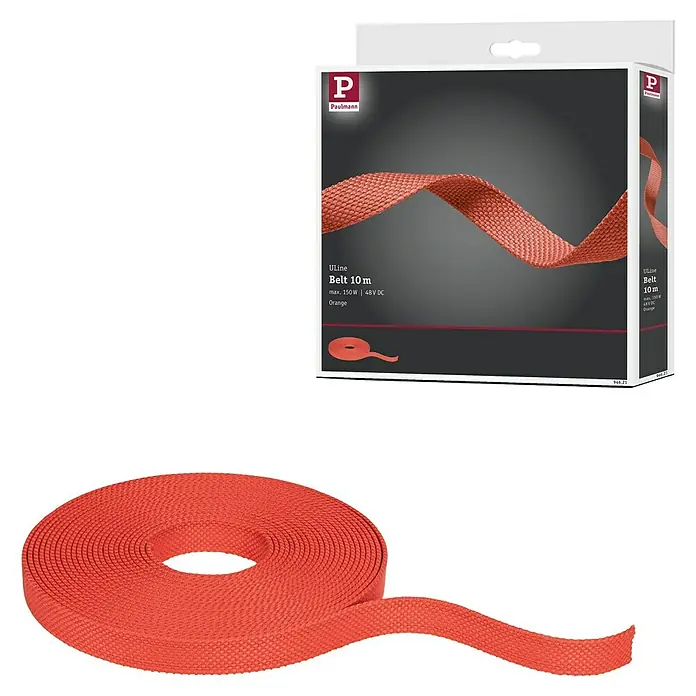 Paulmann ULine Gurtsystem - Länge: 10 m, Orange - Produktansicht: Orangefarbener Paulmann ULine Belt 10 m, aufgerollt und in Produktverpackung dargestellt.