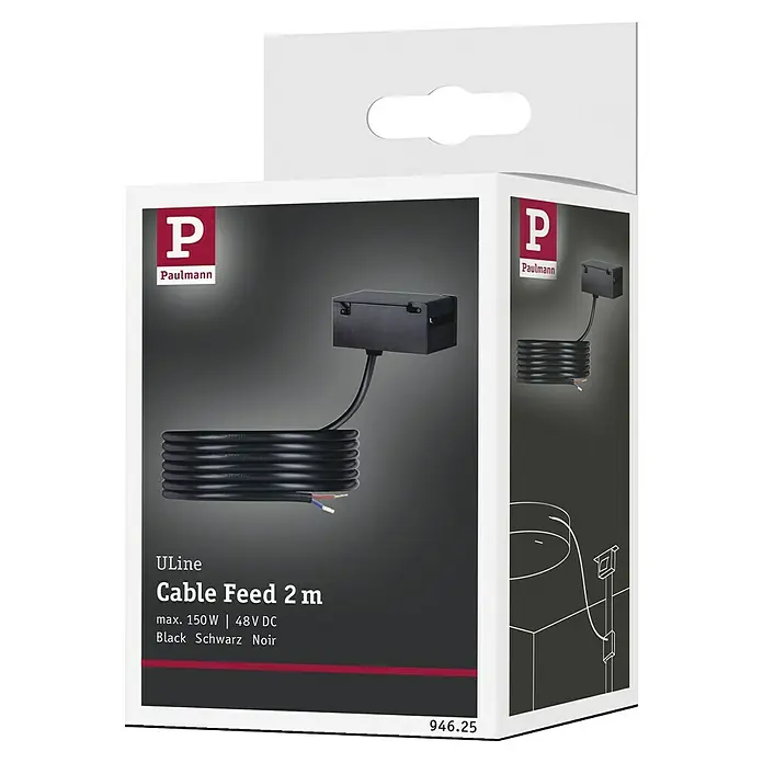 Paulmann ULine Stromeinspeisung - Schwarz, 2 m - Produktverpackung für Paulmann ULine Kabeleinspeisung 2 m. Ideal für eine maximale Leistung von 150W | 48V DC. Verfügbar in Schwarz.