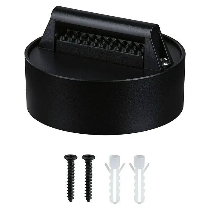 Paulmann ULine Erweiterungs-Set Gurthalter - 7,2 x 3 cm, Schwarz, Gesamtstückzahl: 1 Stk. - Eine Nahaufnahme einer schwarzen Deckenleuchte mit Zubehör. Diese elegante Leuchte wird mit Schrauben und Dübeln für die einfache Installation geliefert.
