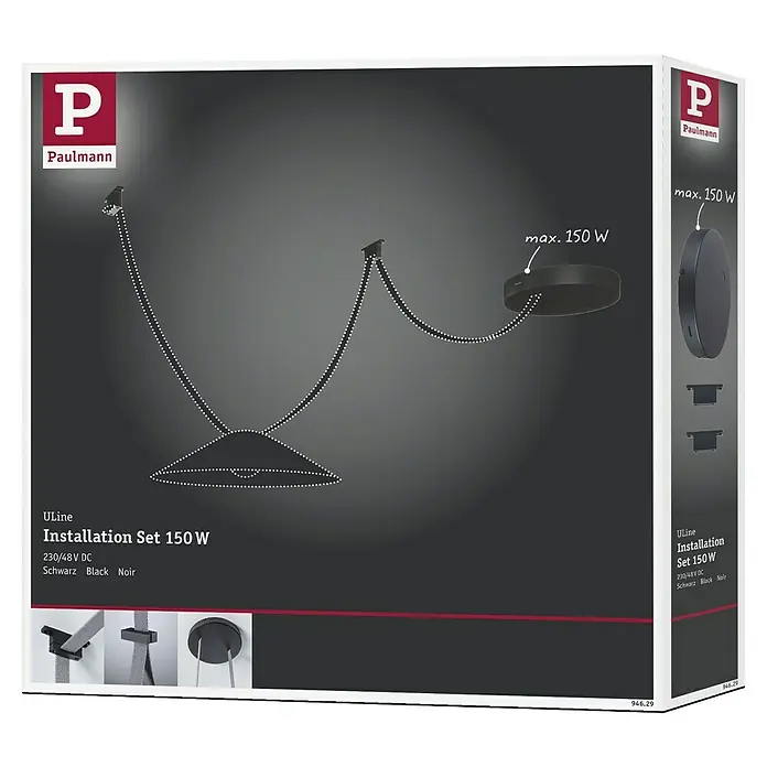 Paulmann ULine Installations-Set - 150 VA, Schwarz - Verpackung des Paulmann ULine Installation Sets 150W, das eine schwarze Lichtanlage mit dazugehörigem Zubehör zeigt.