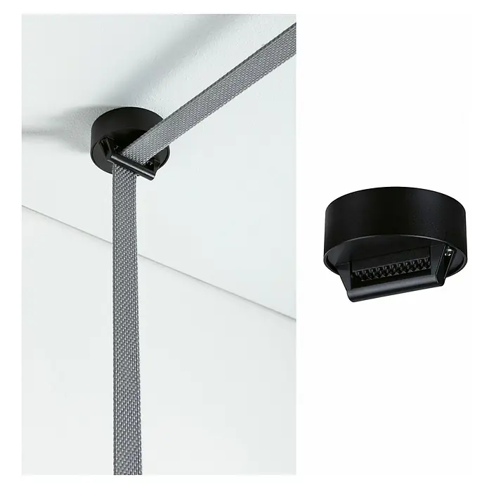 Paulmann ULine Erweiterungs-Set Gurthalter - 7,2 x 3 cm, Schwarz, Gesamtstückzahl: 1 Stk. - Schwarze Deckenschiene mit grauem Gurtband. Modernes Design für flexible Beleuchtungslösungen, ideal für minimalistische Innenräume.