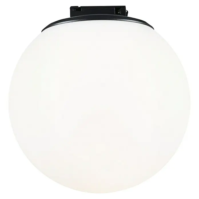 Paulmann ULine LED-Kugel Ball - 8 W, Ø x H: 15 x 15,2 cm, Schwarz, Warmweiß - Nahaufnahme einer weißen Kugel Deckenleuchte mit schwarzer Halterung vor schwarzem Hintergrund.
