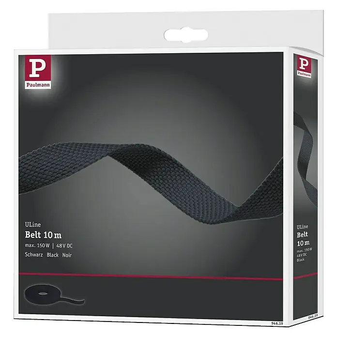 Paulmann ULine Gurtsystem - Länge: 10 m, Schwarz - Produktverpackung für Paulmann ULine Belt 10m, schwarz, mit technischen Daten und Markenlogo.