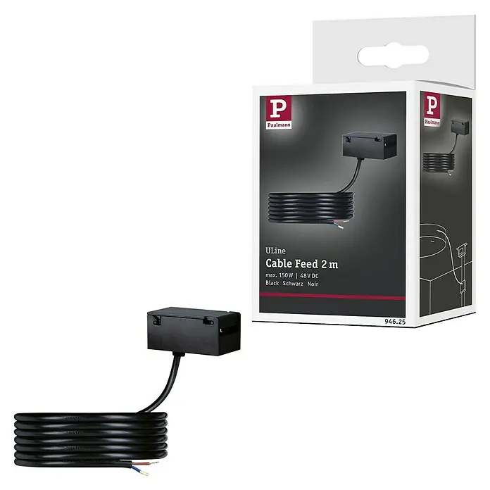 Paulmann ULine Stromeinspeisung - Schwarz, 2 m - Das Paulmann ULine Cable Feed 2 m Kabelzuführungsset in Schwarz, ideal zur Stromversorgung von Leuchten.