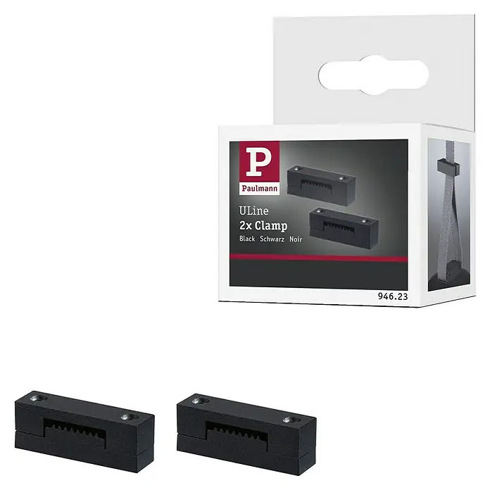 Paulmann ULine Erweiterungs-Set Gurt Klemme - L x H: 1,5 x 1,8 cm, Schwarz, Gesamtstückzahl: 2 Stk. - Produktbild: Paulmann ULine 2x Clamp, eine schwarze Klemme zur Befestigung von Lampen und anderen Gegenständen.