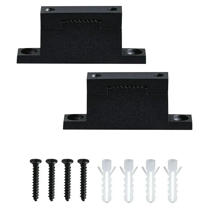 Paulmann ULine Erweiterungs-Set Gurthalter - 7,2 x 3 cm, Schwarz, Gesamtstückzahl: 2 Stk. - Das Bild zeigt zwei schwarze Wandaufhänger mit passenden Schrauben und Dübeln für eine einfache Montage, ideal für Bilderrahmen.