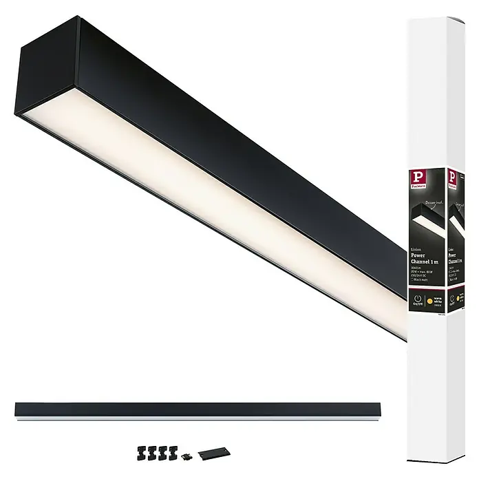 Paulmann Linion Stromeinspeisung Power Channel - 100 x 4 x 4 cm, Signalschwarz, Nicht Dimmbar - Das Bild zeigt eine Paulmann Linion Power Channel 1m Leuchte in Schwarz matt, inklusive Verpackung und Zubehör. Elegante Beleuchtung für jeden Raum.