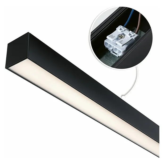 Paulmann Linion Stromeinspeisung Power Channel - 100 x 4 x 4 cm, Signalschwarz, Nicht Dimmbar - Moderne, schwarze LED-Deckenleuchte, die ein helles, gleichmäßiges Licht spendet. Detailaufnahme der elektrischen Anschlüsse im Inneren.