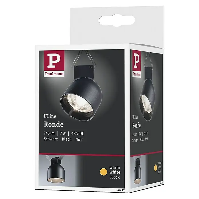 Paulmann ULine LED-Spotstrahler Ronde - 7 W, Ø x H: 8,5 x 11 cm, Schwarz, Warmweiß - Produktverpackung für einen Paulmann ULine Ronde LED-Strahler in Schwarz, der warmweißes Licht mit 3000K abgibt.