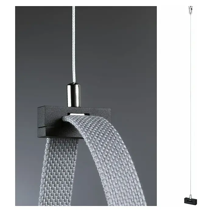 Paulmann ULine Abhängung - L x B x H: 1,5 x 4,5 x 2,1 cm, Schwarz - Nahaufnahme einer Pendelleuchte mit grauem Textilkabel und schwarzer Halterung, ideal für moderne Innenräume.