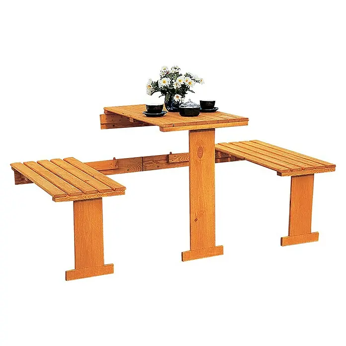 Promadino Balkonmöbel-Set - 3 -tlg., Kiefer, Braun - Gartentisch und Bänke aus Holz mit Blumen und Geschirr. Perfekt für Mahlzeiten im Freien oder zum Entspannen im Garten.