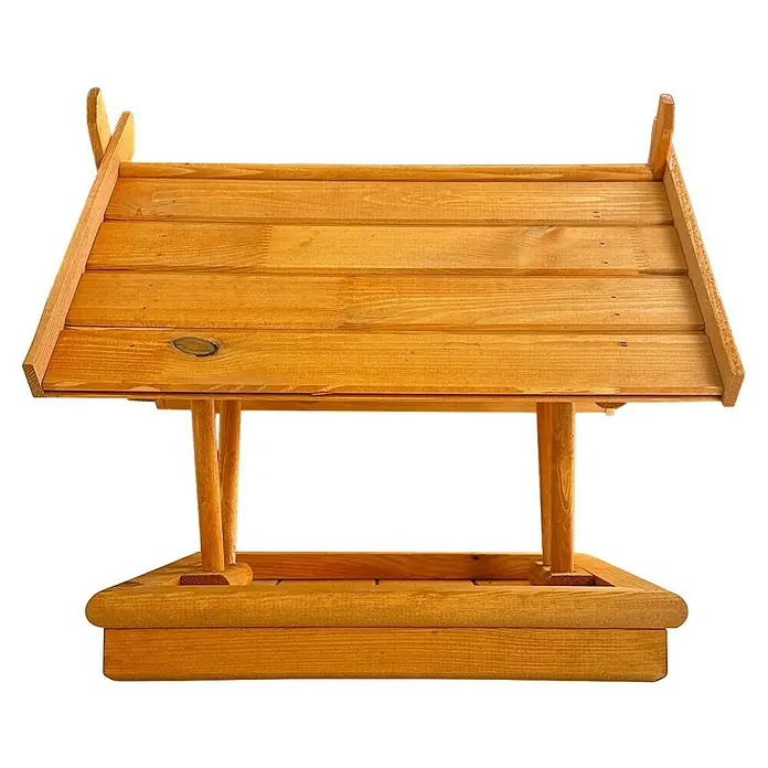 Promadino Vogelhaus Rhön - 42 x 36 x 38 cm, Holz, Braun, Ausstattung: Ohne Vogelhausständer - Detailaufnahme eines hölzernen Vogelhäuschens mit einem Satteldach und einer offenen Futterstelle. Natürliches Design für den Garten.