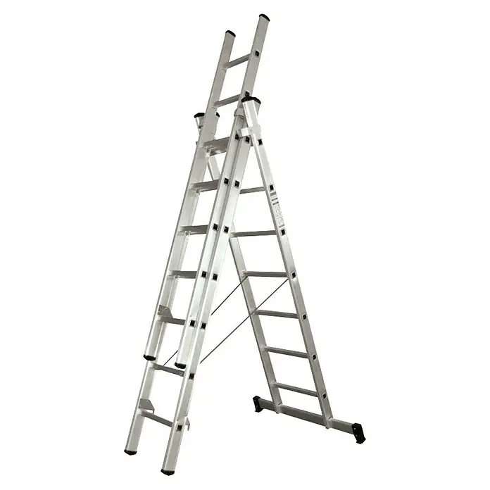 Escalera multiusos L66 - Altura de trabajo: 5,1 m, Número de peldaños: 21 ud., Carga soportada: 150 kg, Aluminio - Imagen de una escalera multiusos plateada. La escalera es extensible y adecuada para trabajos versátiles interiores y exteriores.