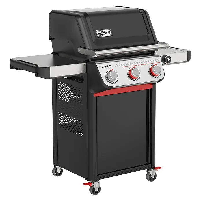 Weber Gasgrill Spirit EP-325 GBS - 9,09 kW, Anzahl Brenner: 3 Stk. - Abbildung eines Weber Spirit Gasgrills in Schwarz mit silbernen Akzenten und roter Zierleiste, ideal für Grillliebhaber.