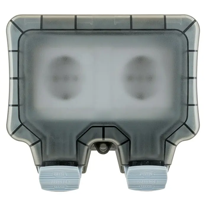 Schwaiger Feuchtraum-Steckdose für Winkelstecker - Grau, 2-fach, Ausrichtung Schalterprogramm: Horizontal, Aufputzmontage, IP66 - Graue, halbtransparente Outdoor-Elektro-Verbindungsdose/-Stecker mit zwei weißen Kabelverschraubungen unten.