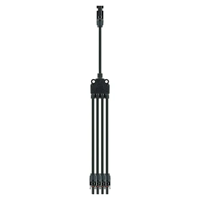 Schwaiger Adapter Solaradapter 4in1 Kabel - 2 Stk. - Schwarzer MC4 1-zu-4 Strangverbinder für Solarmodule mit einem Eingang und vier Ausgangskabeln.