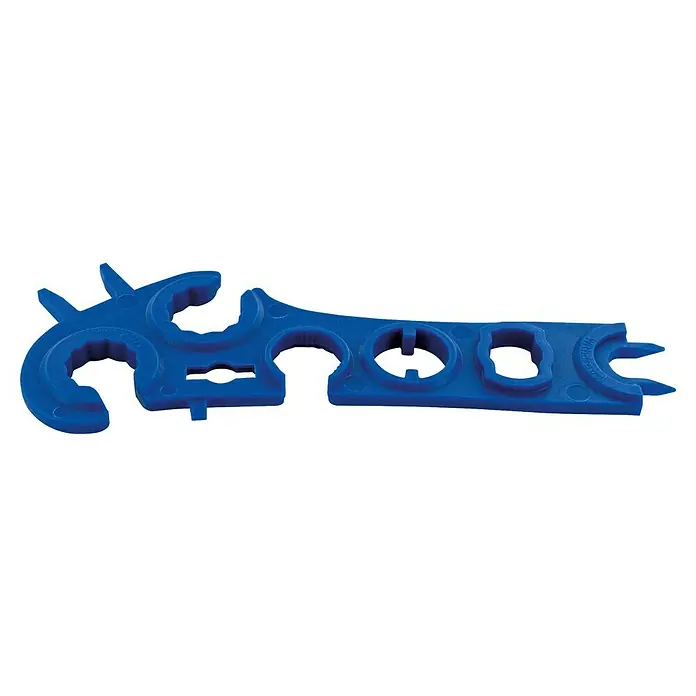 Schwaiger Montageschlüssel - Passend für: Solar-Steckverbinder aller Art - Blaues Kunststoff-Multifunktionswerkzeug mit verschiedenen Öffnungen und Punkten, beschriftet mit „Withdrawal“.